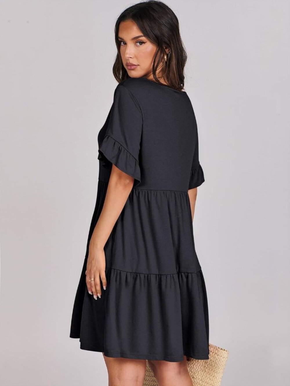 Anrabess Women's Black Floral Neck Ruffle Sleeve A Line Tiered Mini Flowy Dress - Picture 5 of 6